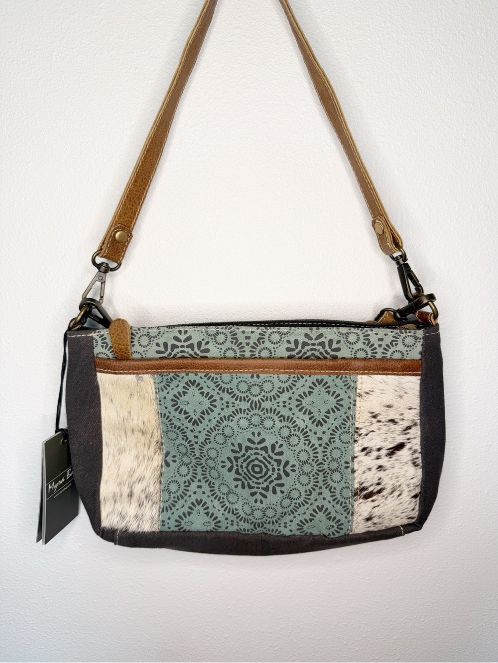 Myra Bag Dual Strap Turquoise Pattern & Cowhide Accent Shoulder Bag